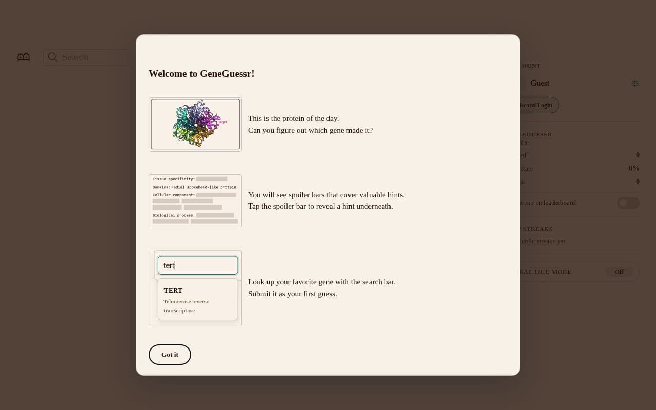 Screenshot of GeneGuessr