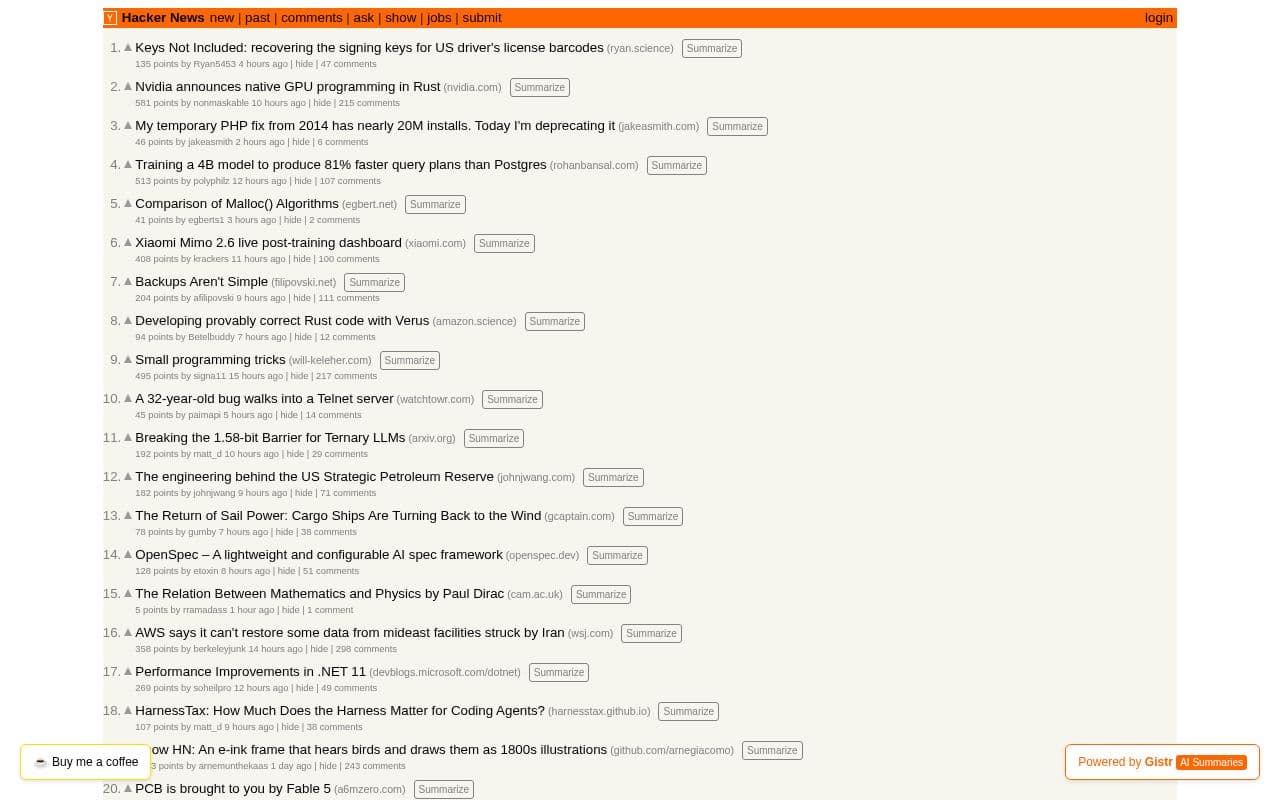 Screenshot of Hacker News with AI Summaries