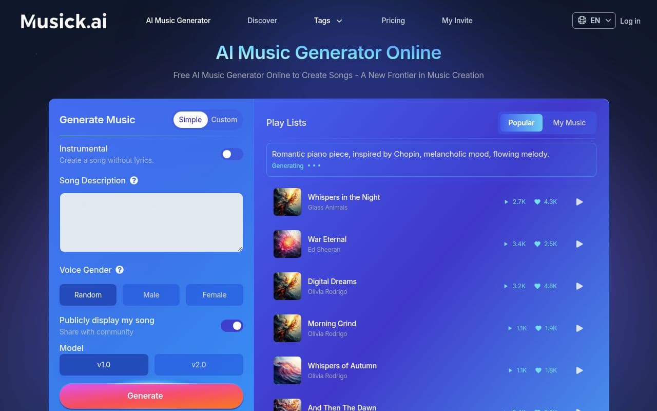 Screenshot of Musick.ai