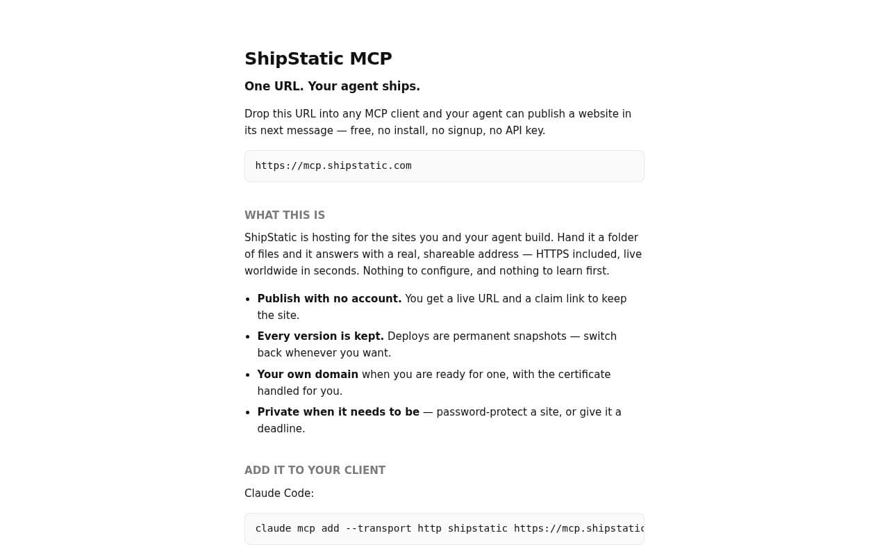 Screenshot of ShipStatic MCP