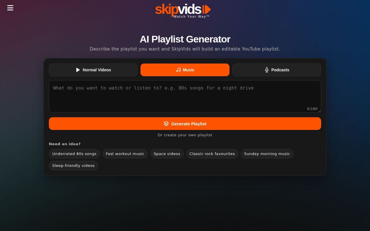 Screenshot of SkipVids Playlist Generator
