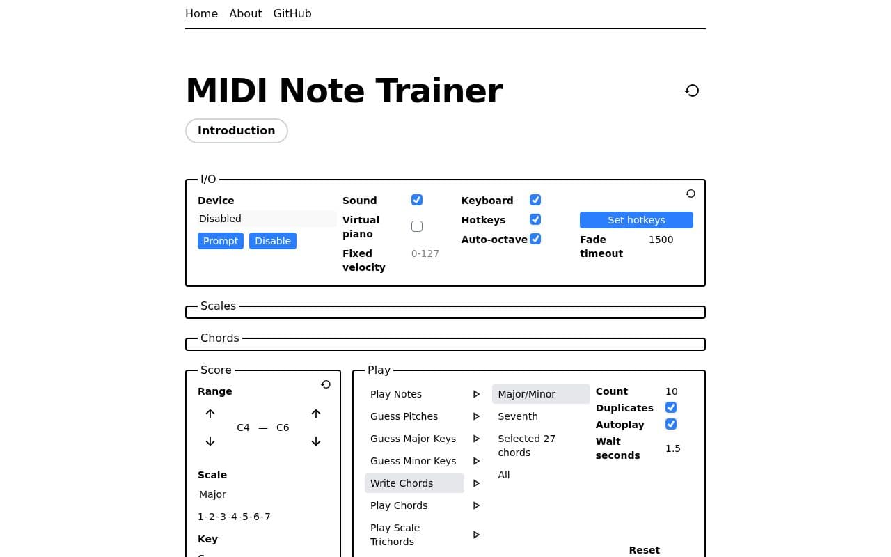 Screenshot of MIDI Note Trainer